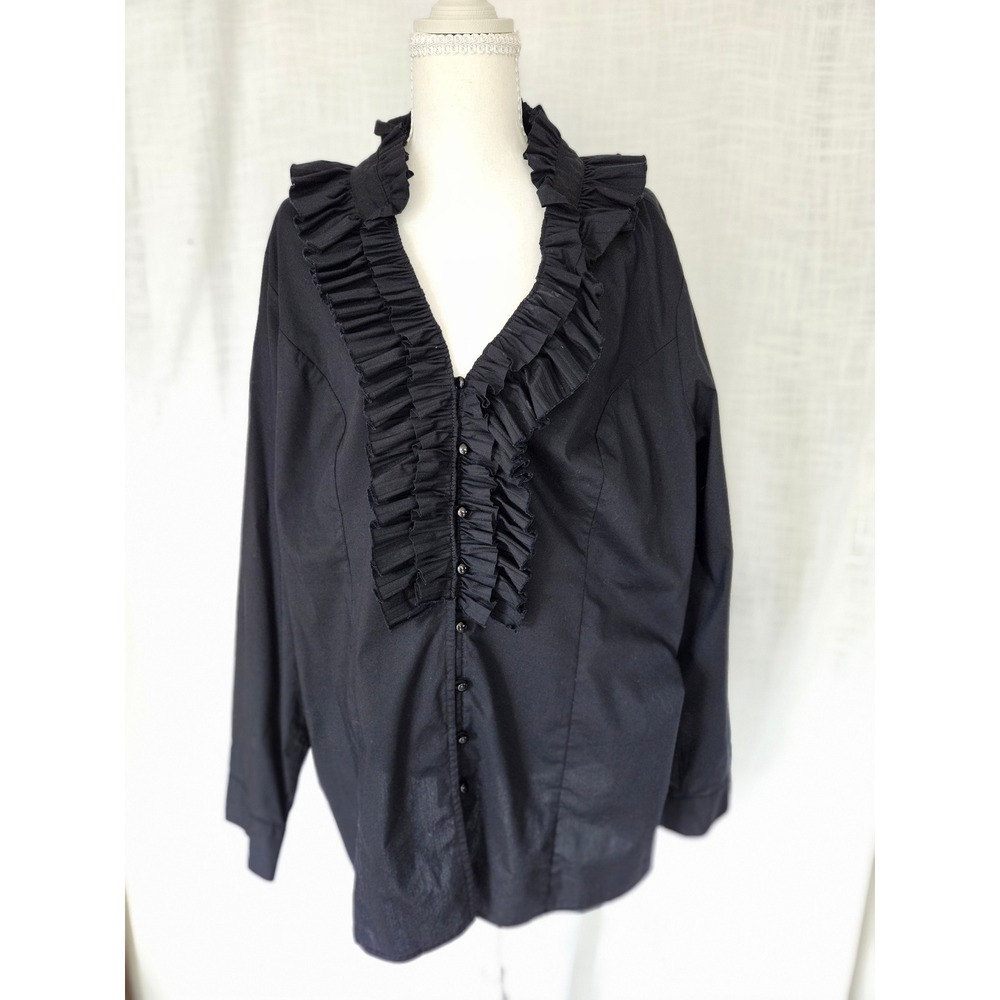 Soft Surroundings Ruffle Blouse Womens 1X Black V-Neck Long Sleeve Romantic Chic